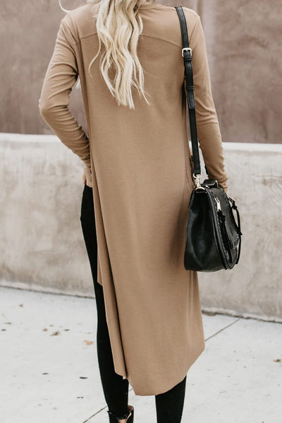 Khaki Selected Button Down Pocketed Knit High Low Long Cardigan