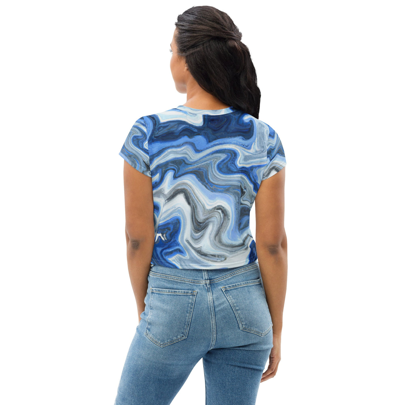 Womens Stretch Fit Crop Tee, Blue White Grey Marble Pattern