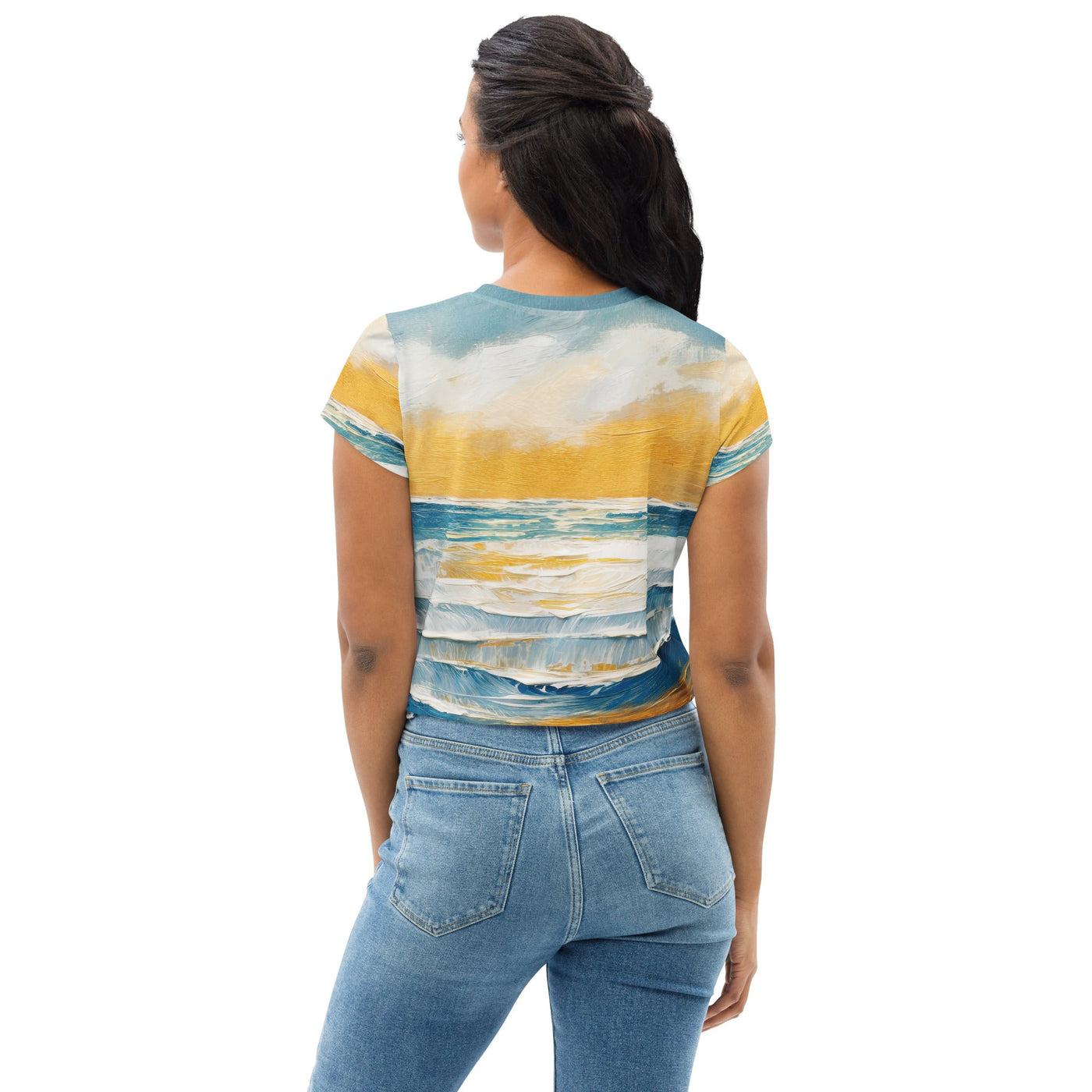 Womens Stretch Fit Crop Tee, Blue Ocean Golden Sunset Print 4