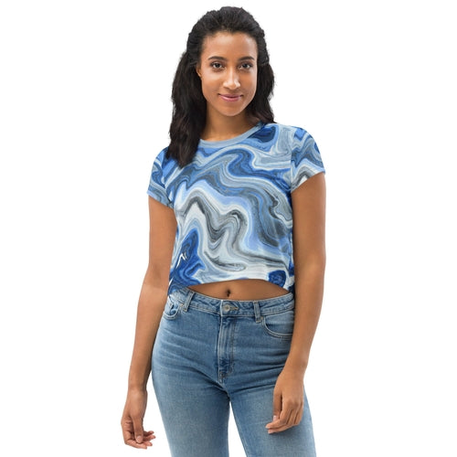 Womens Stretch Fit Crop Tee, Blue White Grey Marble Pattern