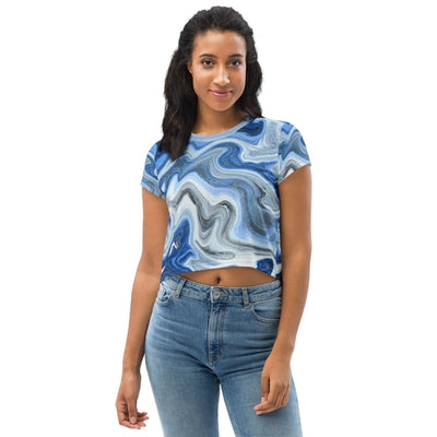 Womens Stretch Fit Crop Tee, Blue White Grey Marble Pattern