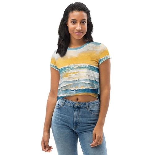 Womens Stretch Fit Crop Tee, Blue Ocean Golden Sunset Print 4
