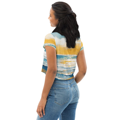 Womens Stretch Fit Crop Tee, Blue Ocean Golden Sunset Print 4