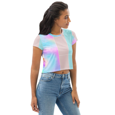 Womens Stretch Fit Crop Tee, Pastel Colorblock Watercolor Illustration