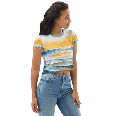 Womens Stretch Fit Crop Tee, Blue Ocean Golden Sunset Print 4