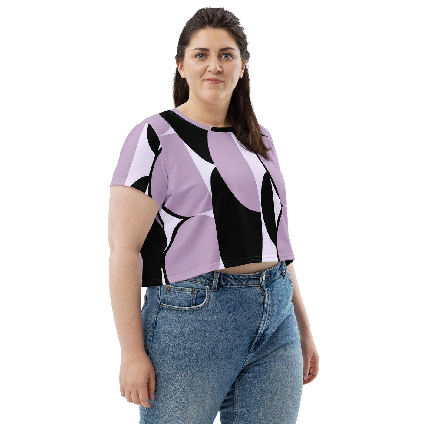 Womens Stretch Fit Crop Tee Jersey, Geometric Lavender And Black 2