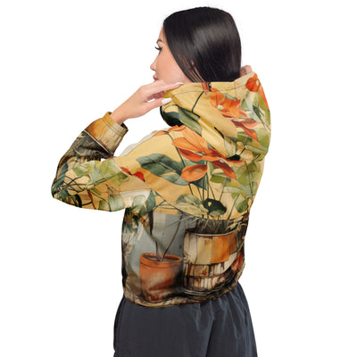 Womens Cropped Windbreaker Jacket, Earthy Rustic Potted Plants Print