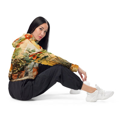 Womens Cropped Windbreaker Jacket, Earthy Rustic Potted Plants Print