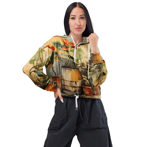 Womens Cropped Windbreaker Jacket, Earthy Rustic Potted Plants Print